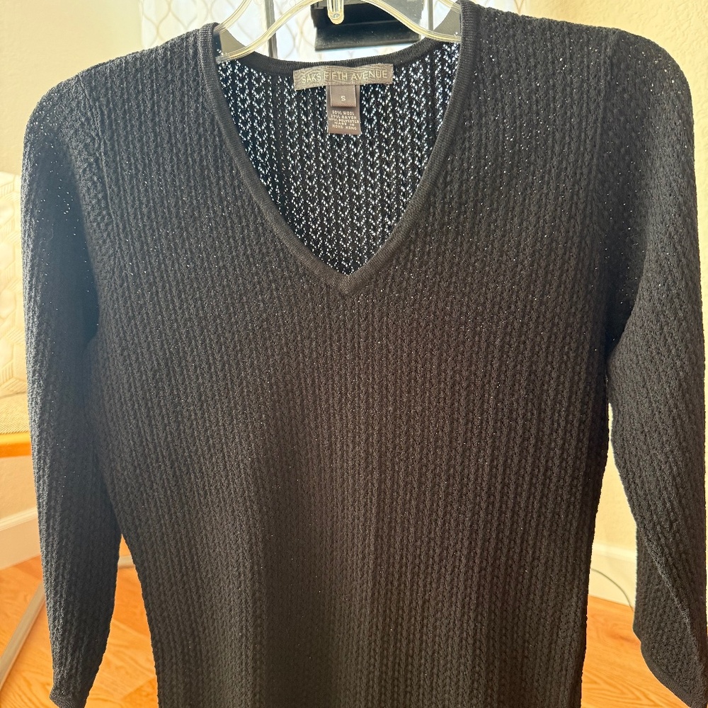 Saks Fifth Avenue Sweater Black Lace Knit Wool Blend SZ Small
